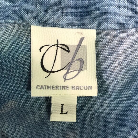 Catherine Bacon Sz L Indigo Shibori Dyed Jacket MOP Button Lagenlook 100% Linen - Picture 5 of 8